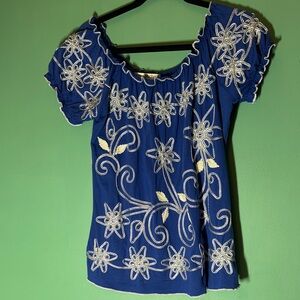 Lauren Michelle Blue Blouse with White Embroidery